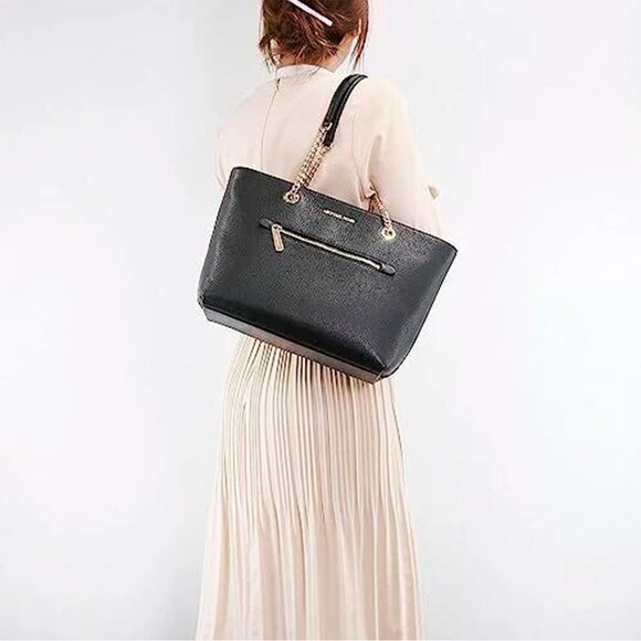 S Michael Kors Medium Front Zip Chain Tote Black Leather 35F2GTTT2L NWT $448 - Picture 11 of 13